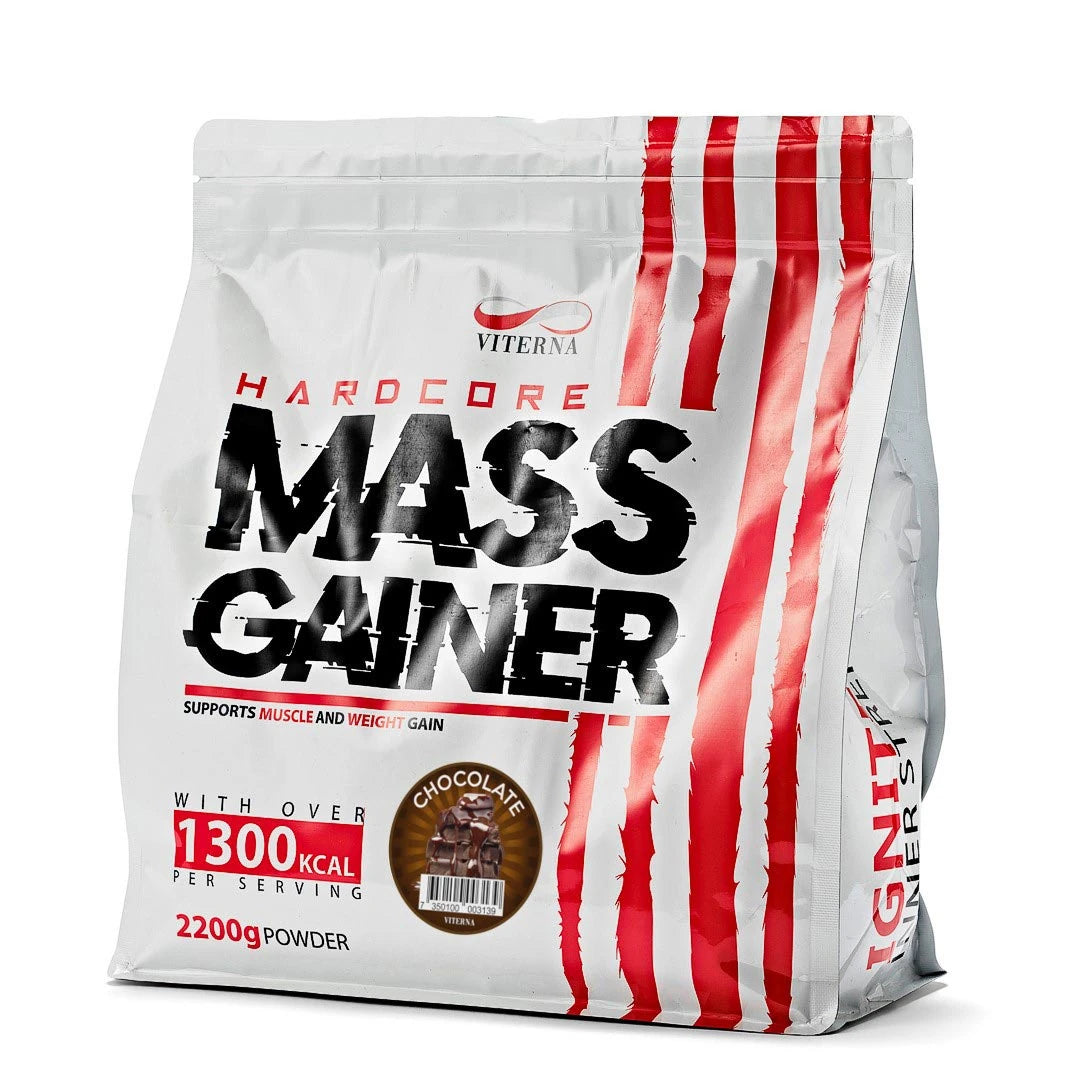 Viterna Hardcore Mass Gainer 2.2 kg i en hvit pose med røde detaljer for smaken sjokolade.