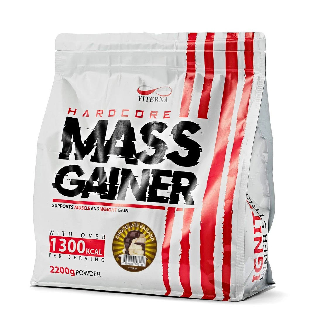 Viterna Hardcore Mass Gainer 2.2 kg gainerpulver i en hvit pose med røde striper for smaken Sjokolade Banan., bilde 1 av 4