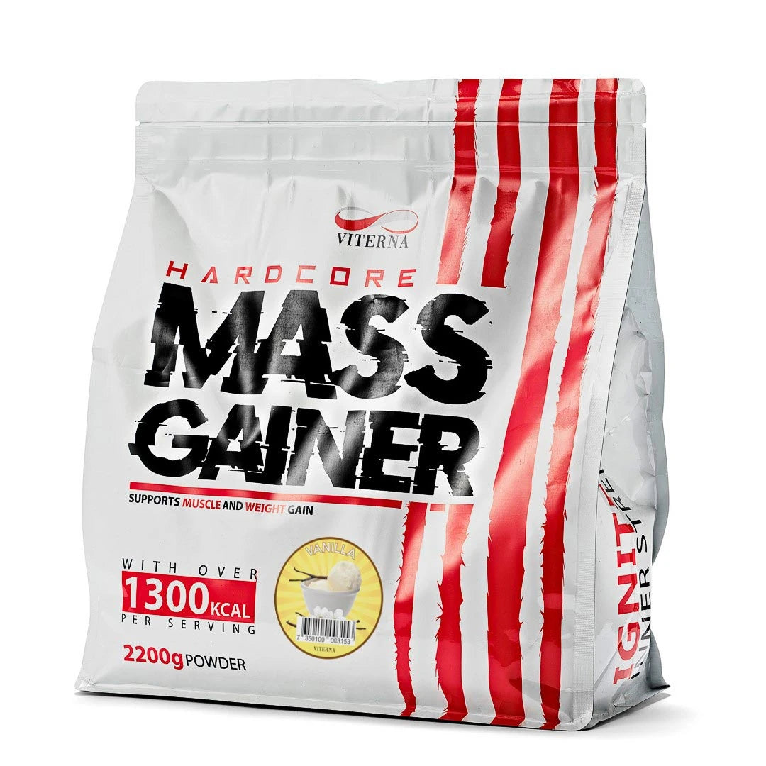 Viterna Hardcore Mass Gainer 2.2 kg i en hvit pose med røde striper og smaken Vanilla., bilde 3 av 4