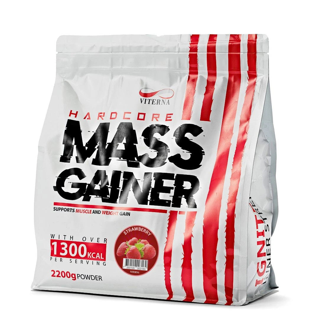 Viterna Hardcore Mass Gainer 2.2 kg i pulverform, pakket i en hvit pose med røde detaljer for smaken Strawberry.