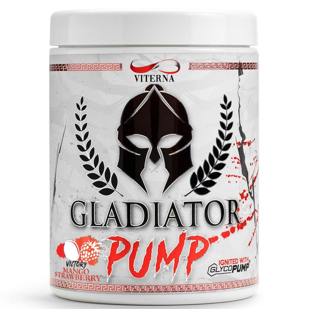 Viterna Gladiator Pump 440 g i en hvit boks med svart gladiatorhjelm og røde detaljer, i smaken Strawberry Mango.