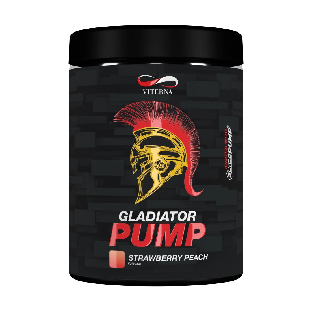 Viterna Gladiator Pump 440 g koffeinfri pre-workout i en svart boks med gull- og røde detaljer, smak Strawberry Peach.