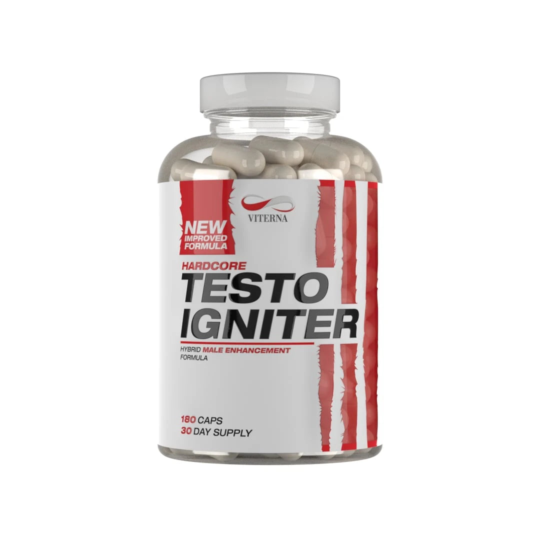 Viterna Hardcore Testo Igniter 180 caps i en transparent boks med hvit og rød etikett.