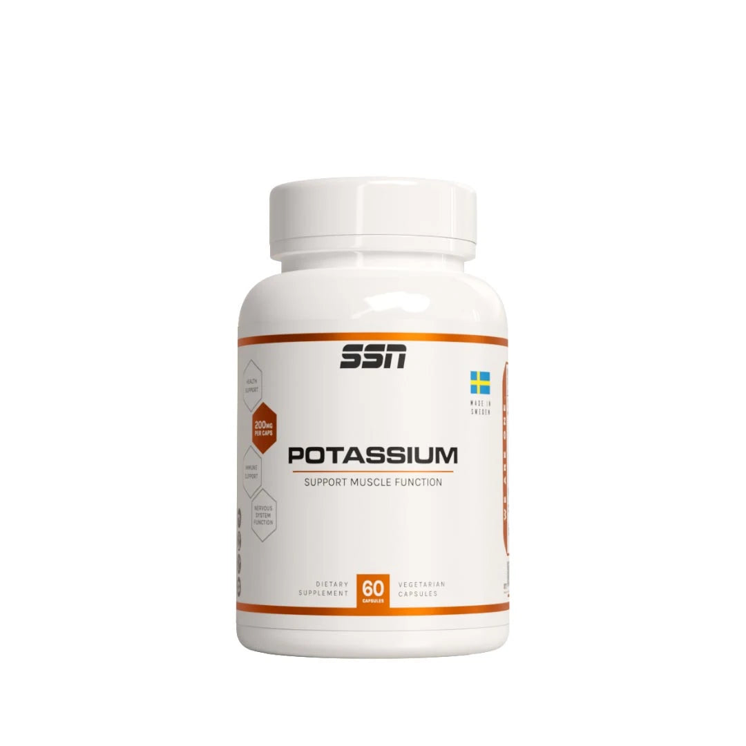 SSN Potassium 60 caps i en hvit boks med oransje detaljer, et kosttilskudd med kalium for nerve- og muskelfunksjon.