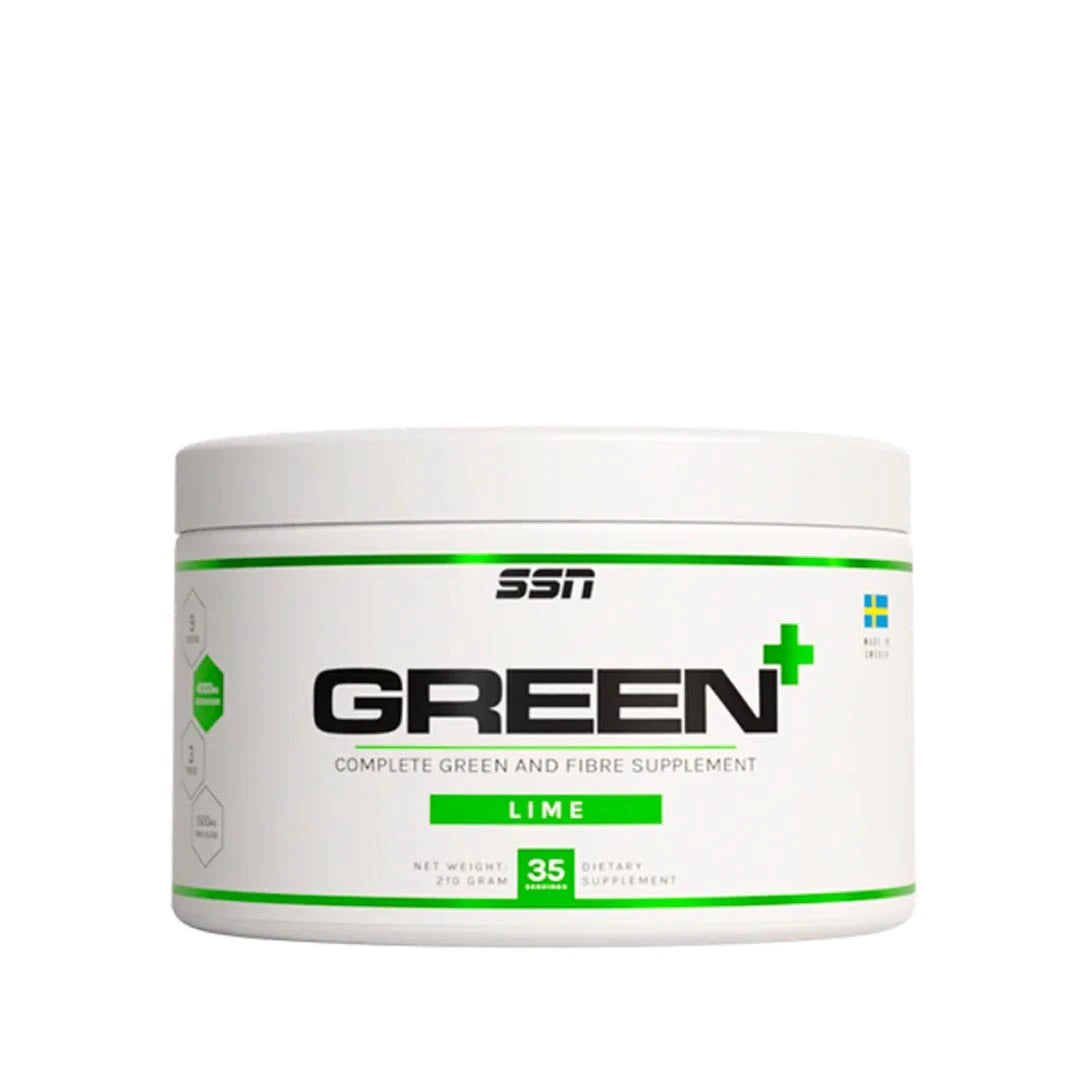 SSN Green+ 210 g grønnsaksmiks i en hvit boks med grønne og svarte detaljer, med smak av lime.