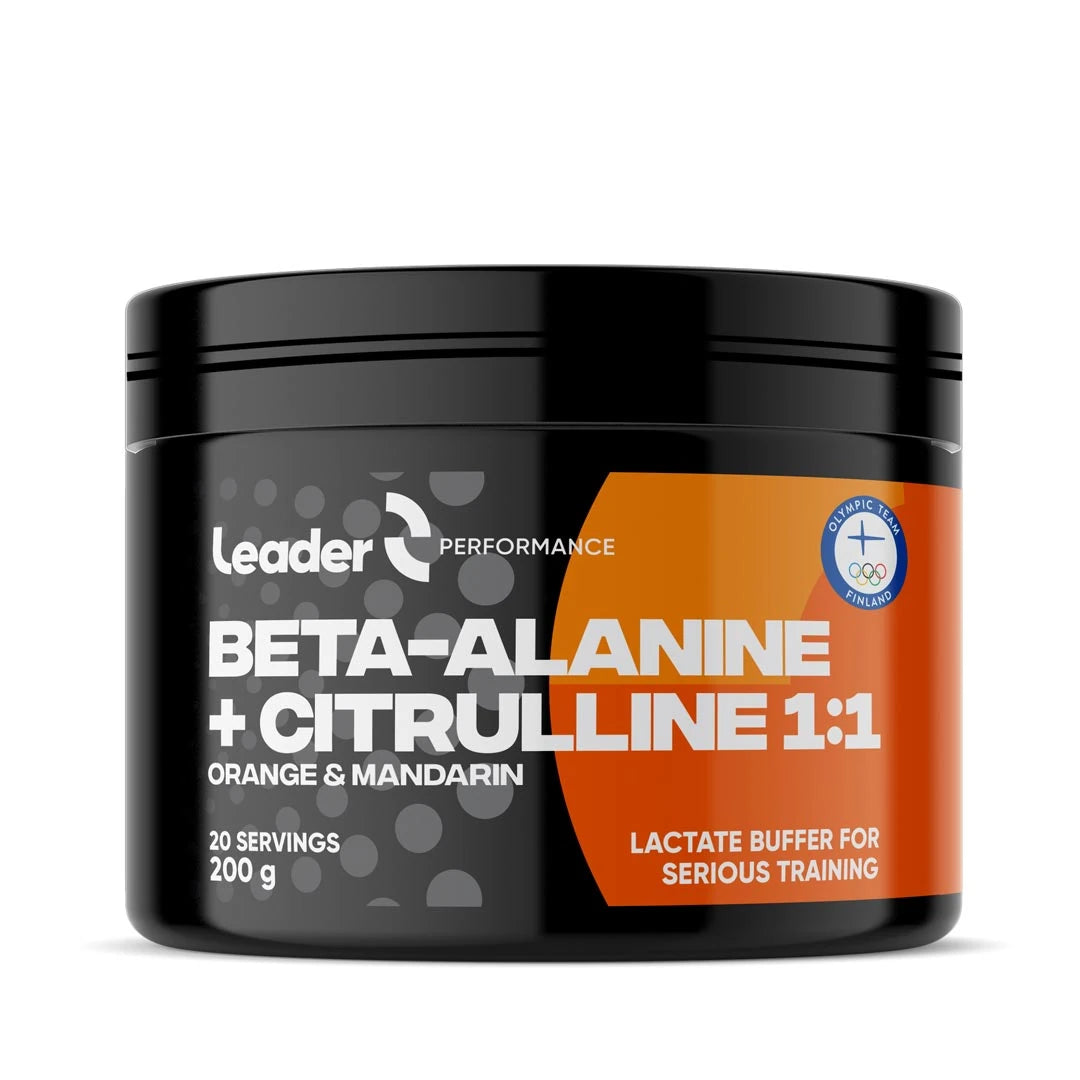 Svart boks med Leader Performance Beta-Alanine-Citrulline 200 g prestasjonsfremmer i pulverform og oransje etikett.