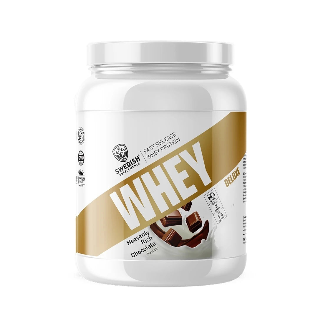 Swedish Supplements Whey Protein Deluxe 900 g proteinpulver i en hvit boks med gulldetaljer for smaken Heavenly Rich Chocolate., bilde 4 av 4
