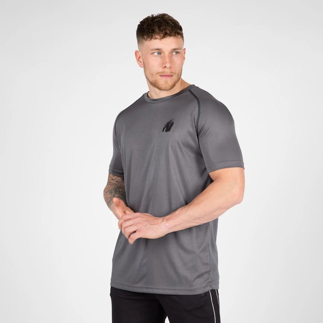 Gorilla Wear Performance T-Shirt grey, en grå treningstrøye med svarte sømmer og svart logo på brystet., bilde 3 av 7
