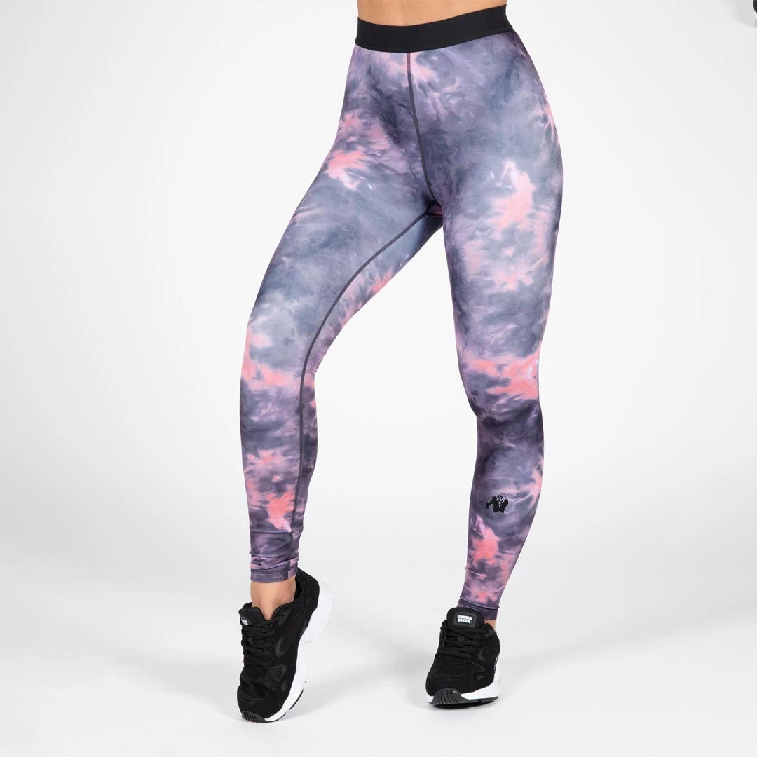 Gorilla Wear Colby Leggings grey/pink, stretchy treningstights med grårosa tie-dye-mønster og svart midjebånd., bilde 1 av 6