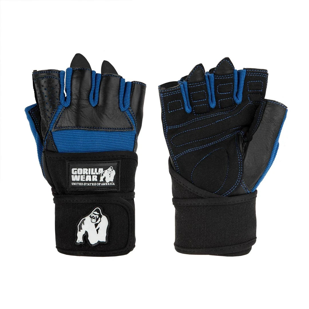 Gorilla Wear Dallas Wrist Wraps Gloves black/blue, svarte treningshansker med blå detaljer og støttende håndleddsbind.