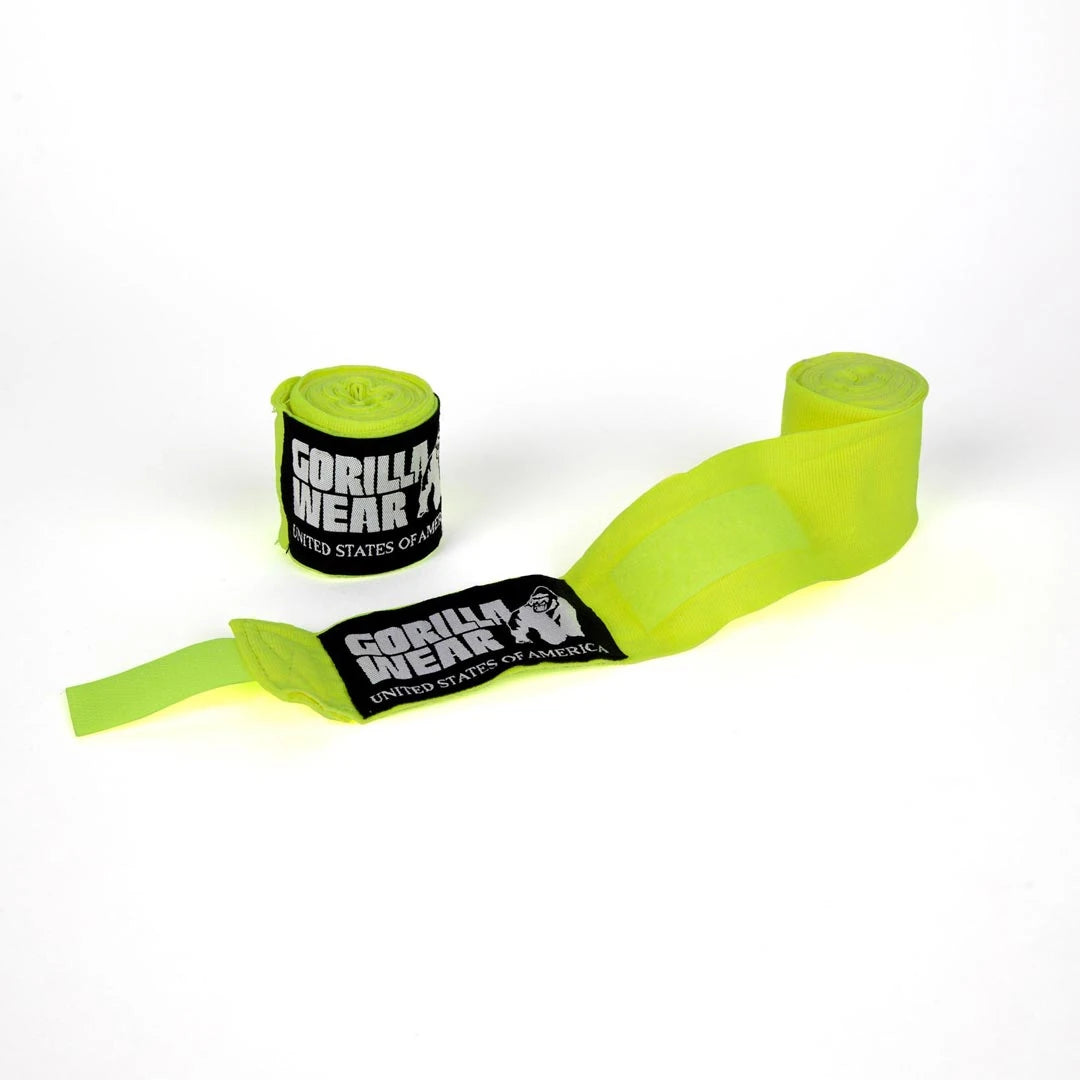 Gorilla Wear Boxing Hand Wraps yellow 2.5, gule boksebandasjer i elastisk bomull med borrelås og svarte detaljer.