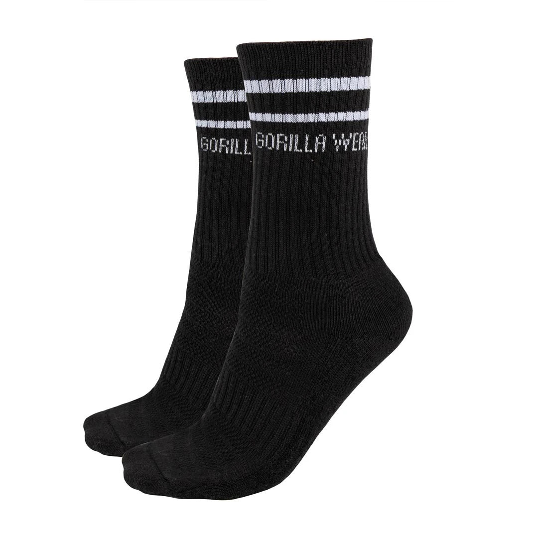 Gorilla Wear Crew Socks 2-Pack black er svarte ribbede treningssokker med hvite striper og logo., bilde 1 av 4