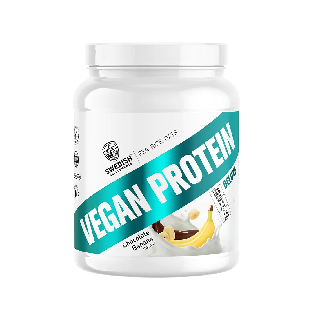Swedish Supplements Vegan Protein Deluxe 750 g proteinpulver i en hvit boks med turkise detaljer og smaken Chocolate Banana.