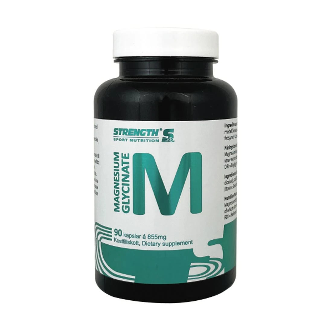 Strength Sport Nutrition Magnesium Glycinate 90 caps i en mørk plastboks med hvit etikett og turkise detaljer.