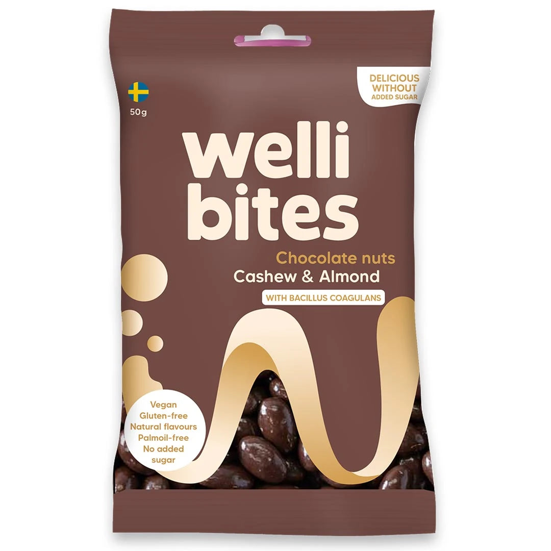 Brun pose med Wellibites Candy 50 g sukkerfritt godteri i smaken Chocolate nuts Cashew & Almond.