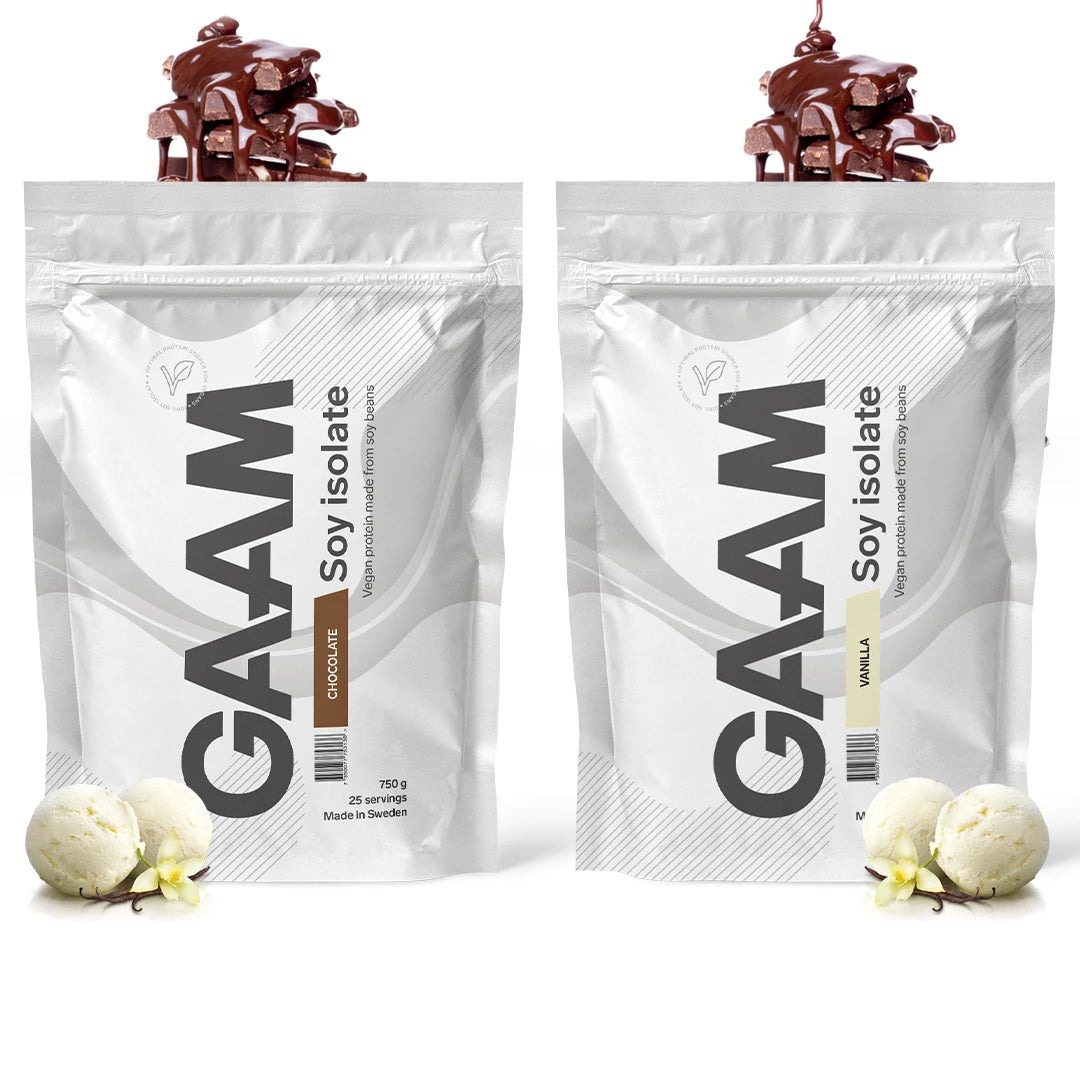 2 x GAAM Soy Isolate 750 g proteinpulver i to hvite poser for smakene Chocolate og Vanilla.
