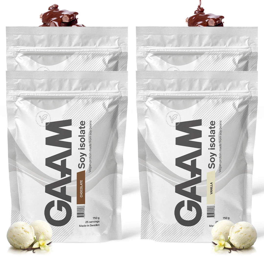 Fire hvite poser med 4 x GAAM Soy Isolate 750 g i smakene sjokolade og vanilje.