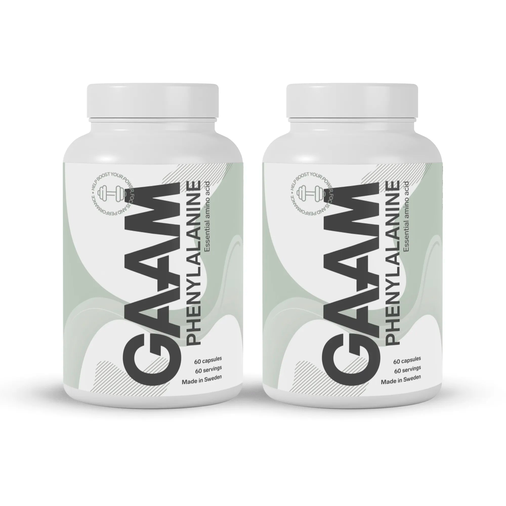 2 x GAAM Phenylalanine 60 caps kosttilskudd i hvite bokser med grå og grønne detaljer.