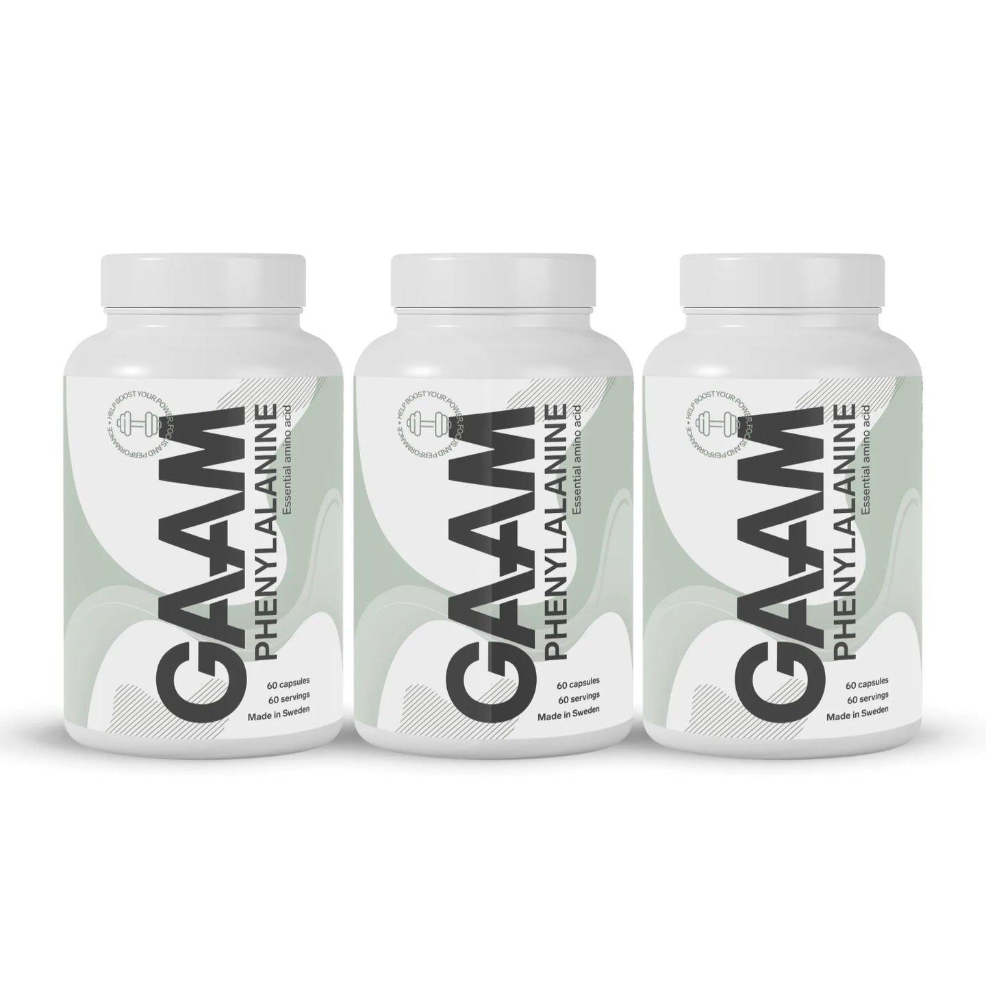 Tre hvite bokser med GAAM Phenylalanine 60 caps, med detaljer i grønt og svart.
