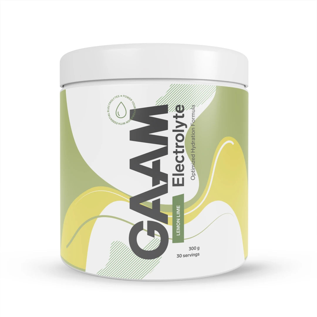 GAAM Electrolyte 300 g elektrolyttpulver i en hvit boks med grønne og gule detaljer for smaken Lemon Lime.