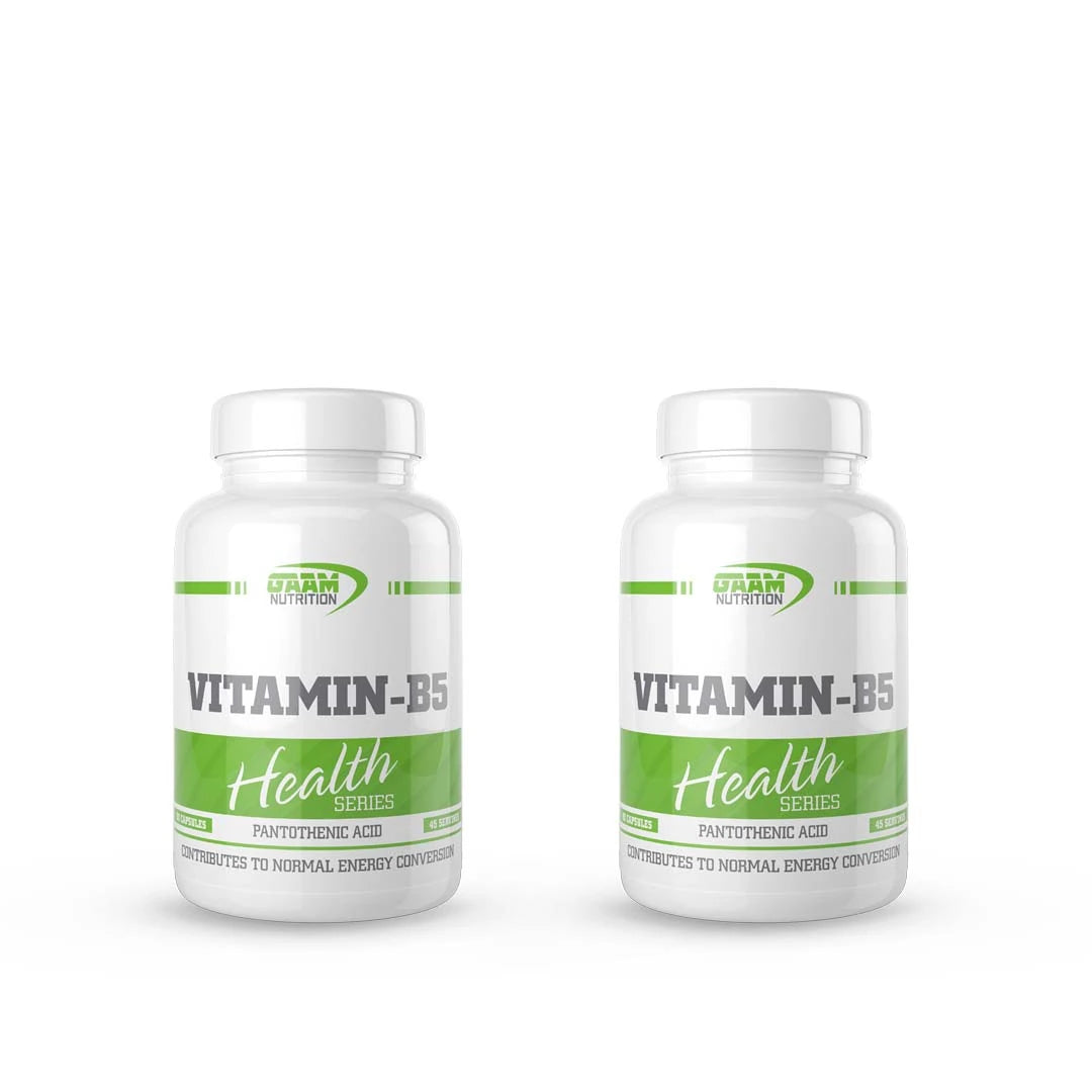 2 x GAAM Vitamin B5 90 caps i to hvite bokser med grønne detaljer fra GAAM Nutrition Health Series.
