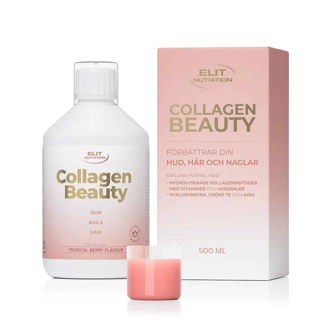 Elit Nutrition Collagen Beauty 500 ml i en hvit flaske og rosa eske, med et lite glass rosa væske i forgrunnen.