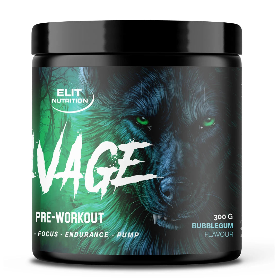 Elit Nutrition Savage PWO 300 g pre-workout i pulverform, pakket i en svart boks med et grønt ulvemotiv.