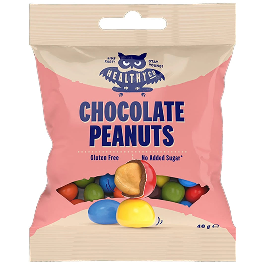 Healthyco 40 g Chocolate Peanuts i en rosa og beige pose fylt med fargerike sjokoladetrukne peanøtter., bilde 1 av 1