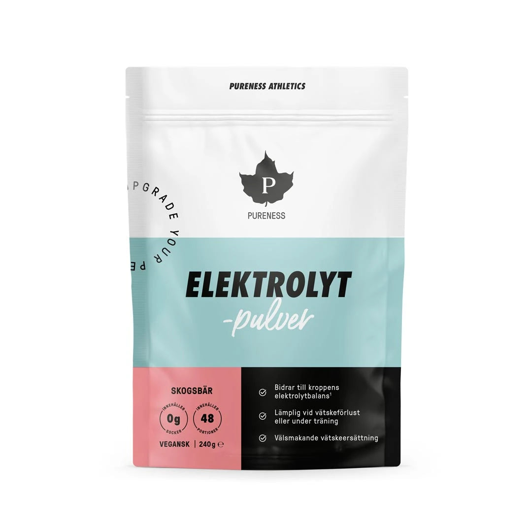 Pureness Elektrolyttpulver 240 g i en hvit og lyseblå pose med rosa detaljer for smaken Skogsbær.