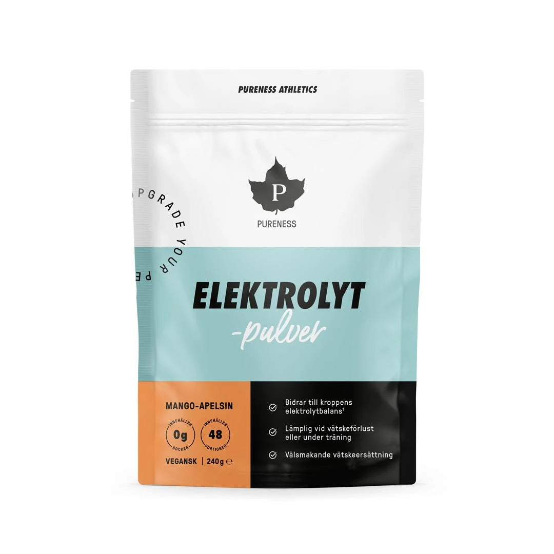 Pureness Elektrolyttpulver 240 g i en hvit pose med lyseblå og oransje detaljer for smaken Mango Appelsin., bilde 2 av 5