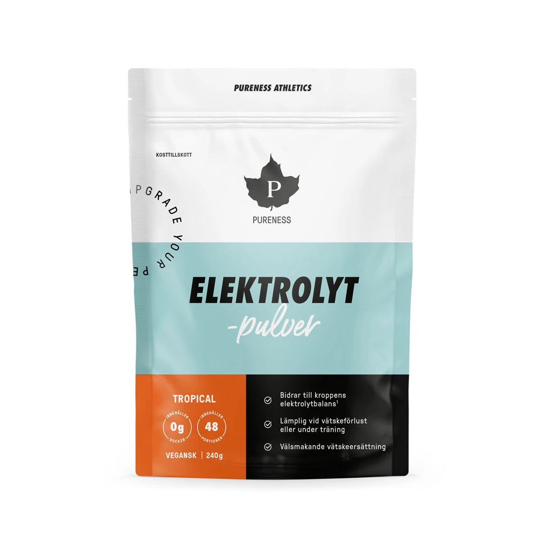 Pureness Elektrolyttpulver 240 g i en hvit og lyseblå pose med oransje detaljer for smaken Tropical., bilde 3 av 5