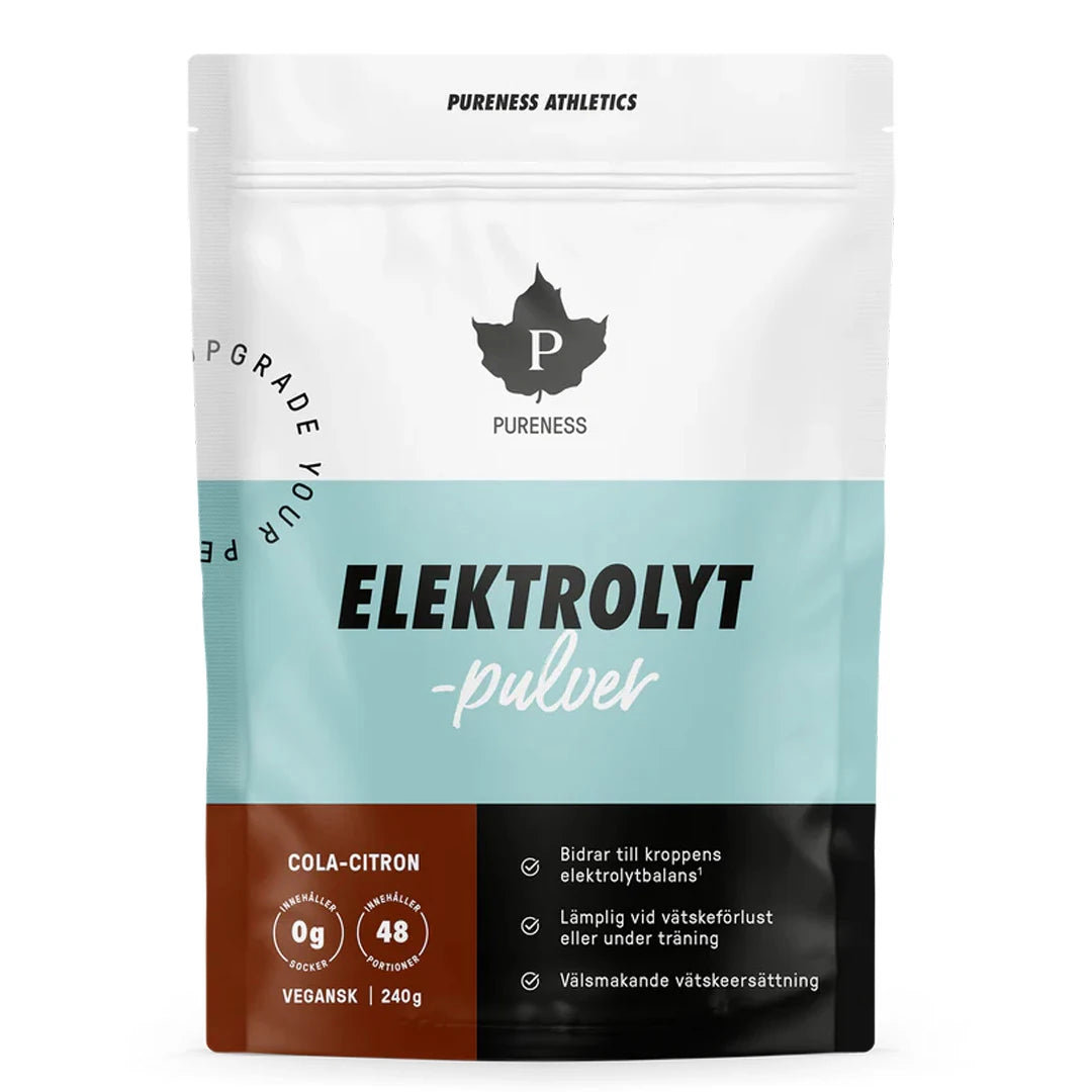 Pureness Elektrolyttpulver 240 g i en hvit og lyseblå pose med smaken Cola Sitron., bilde 4 av 5