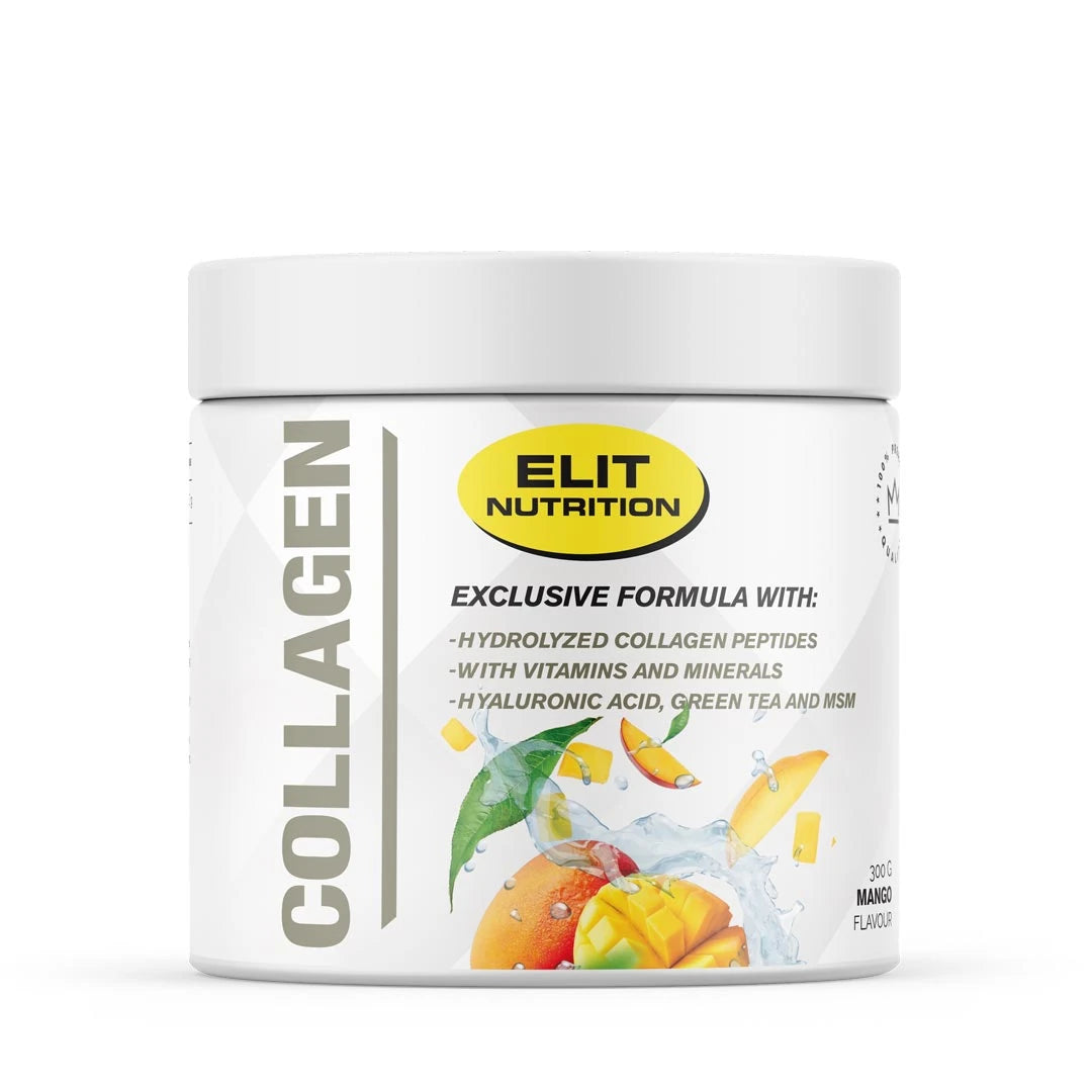 Elit Nutrition Collagen 300 g kollagenpulver i en hvit boks med fruktmotiv for smaken Mango.