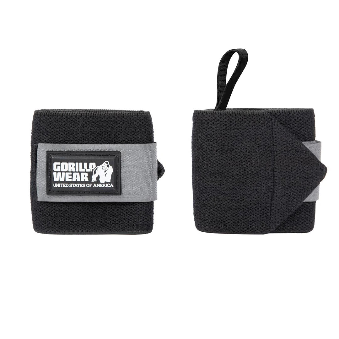 Gorilla Wear Wrist Wraps Basic Black/Grey, svarte og grå håndleddsbind i elastisk materiale med borrelås og tommelløkke.