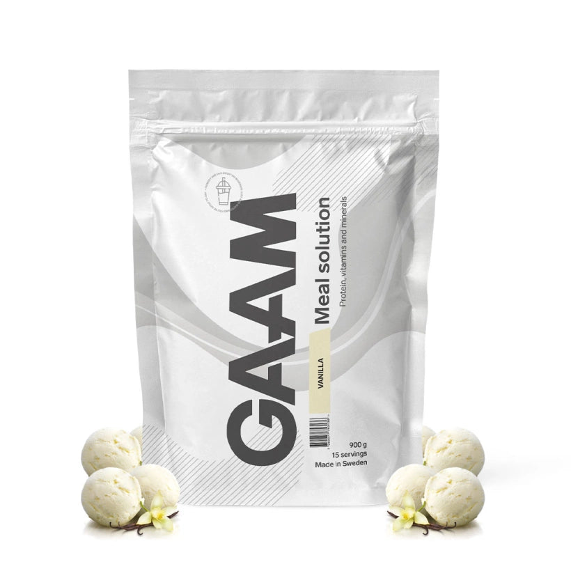 Hvit pose med GAAM Meal Solution 900 g måltidserstatning i smaken Vanilla, omgitt av vaniljeis.