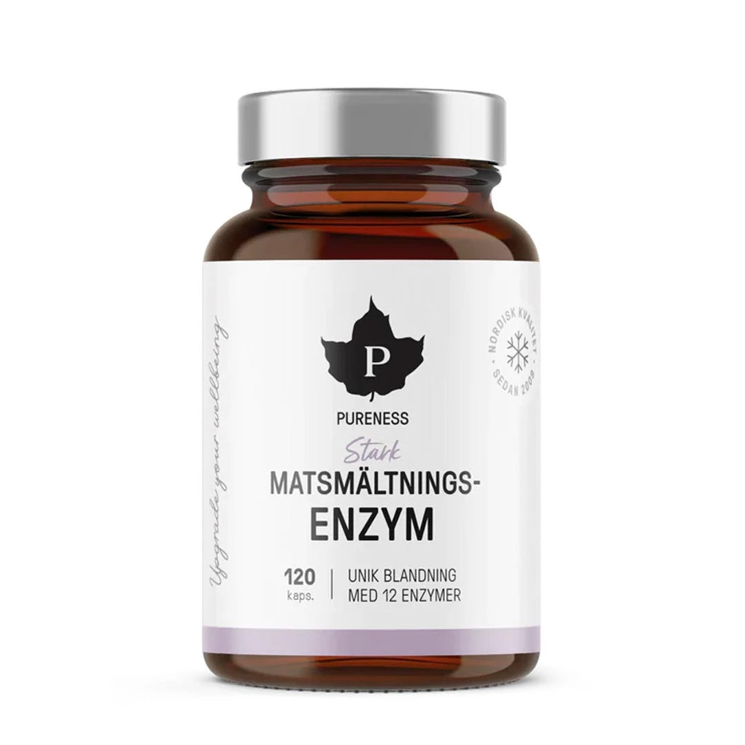 Pureness Starkt Matsmältningsenzym 120 caps i en brun glasskrukke med hvit etikett og sølvfarget lokk.
