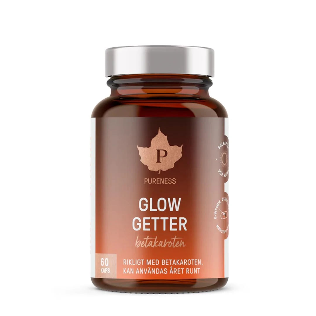Pureness Glow Getter 60 caps solkapsler med betakaroten i en mørkebrun boks med sølvlokk.