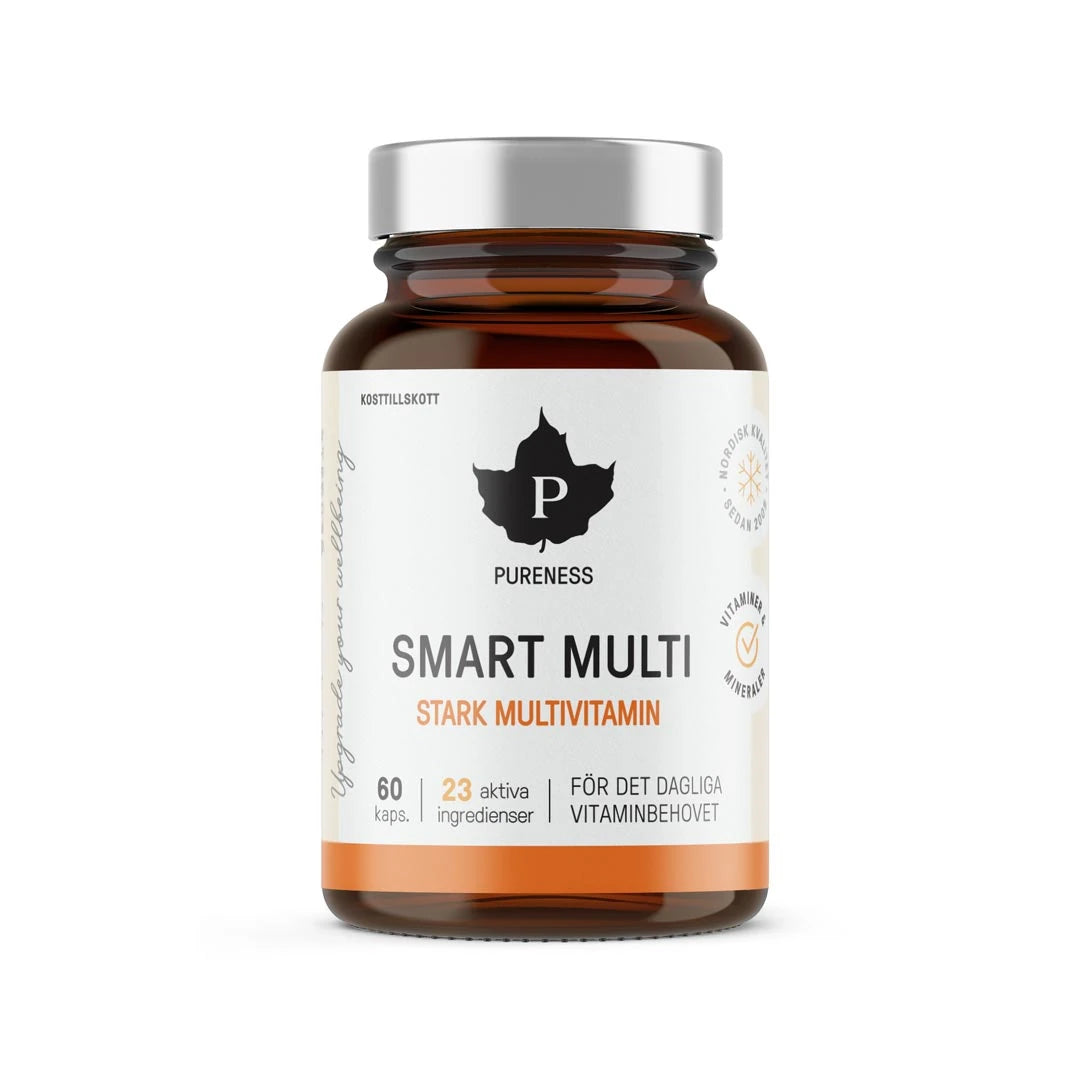 Pureness Smart Multi 60 caps i en brun glasskrukke med sølvfarget lokk, hvit etikett og oransje detaljer.
