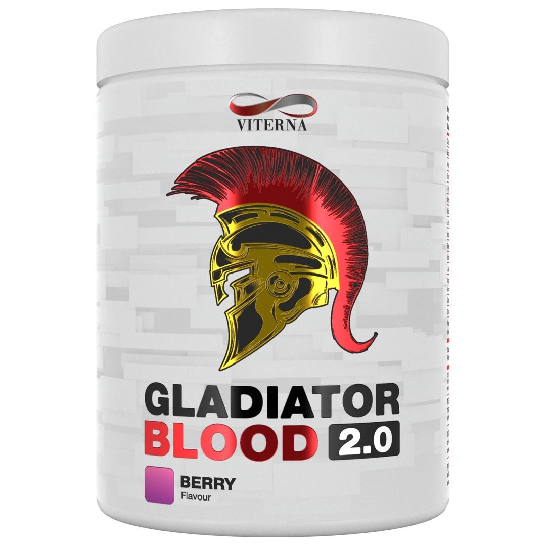 Viterna Gladiator Blood 2.0 460 g PWO i en hvit boks med rød og gullfarget gladiatorhjelm for smaken Berry Mix., bilde 4 av 5