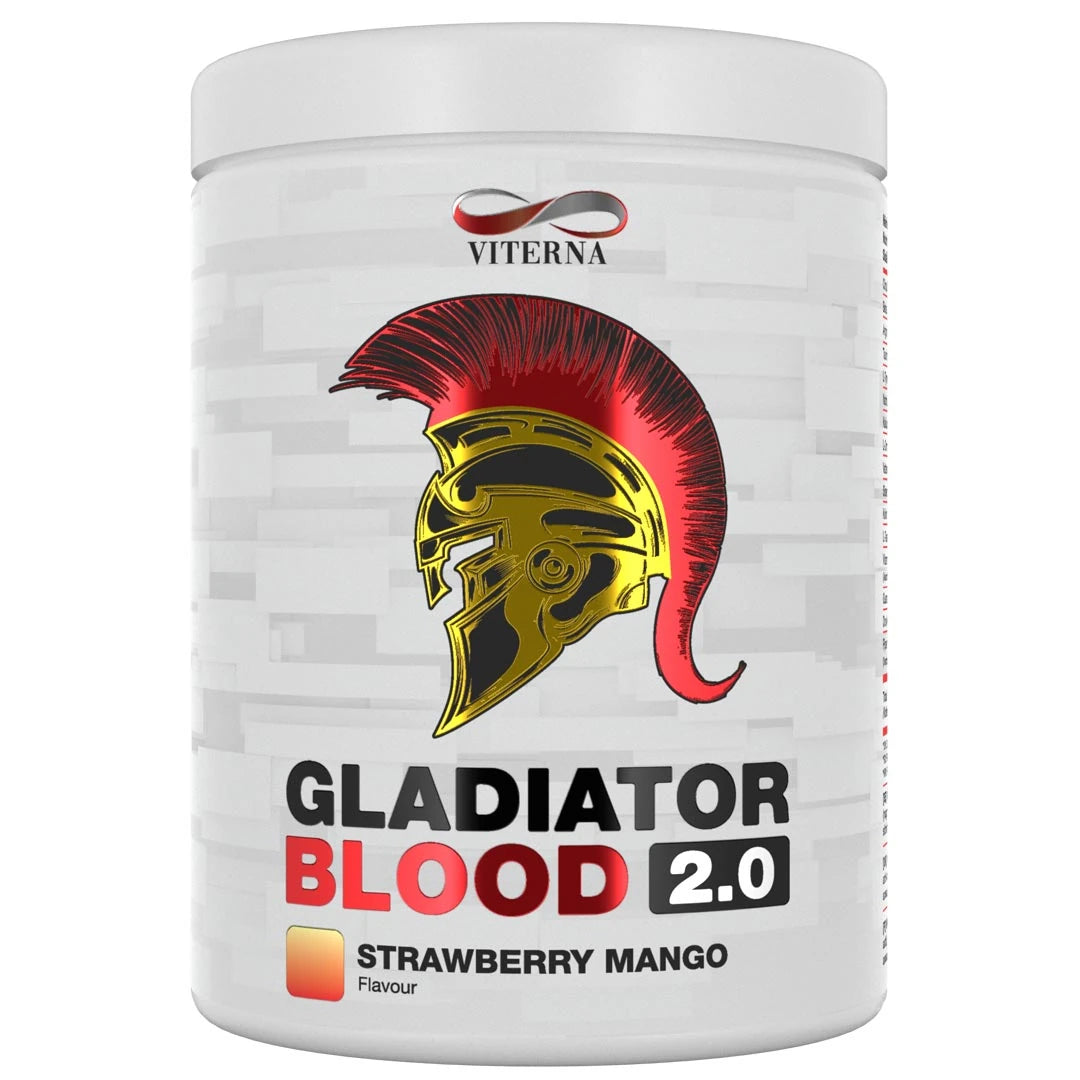 Viterna Gladiator Blood 2.0 460 g i en hvit boks med rød og gullfarget gladiatorhjelm for smaken Strawberry Mango., bilde 3 av 5