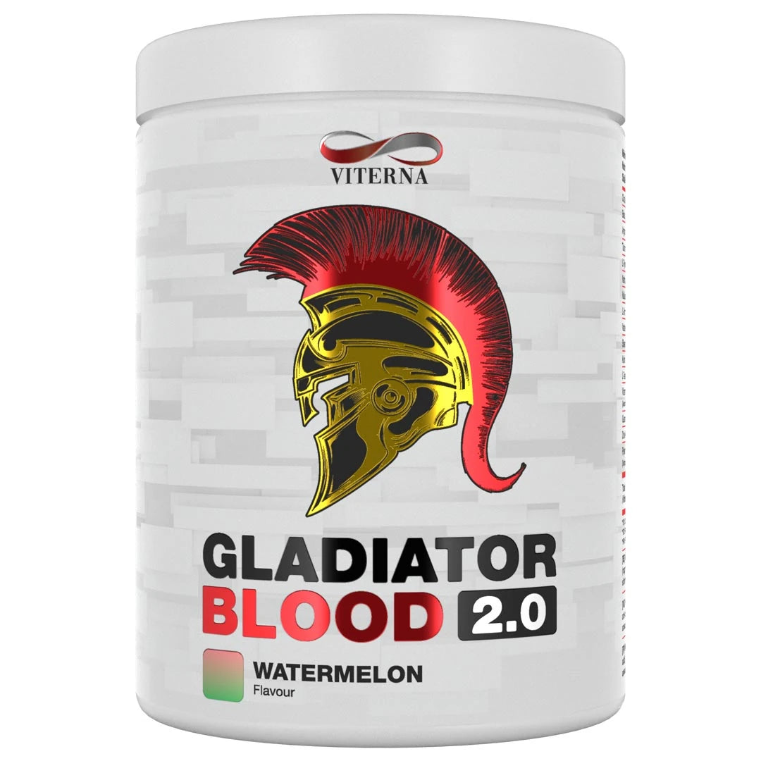 Viterna Gladiator Blood 2.0 460 g PWO-pulver i en hvit boks med gladiatorhjelm i smaken Watermelon.