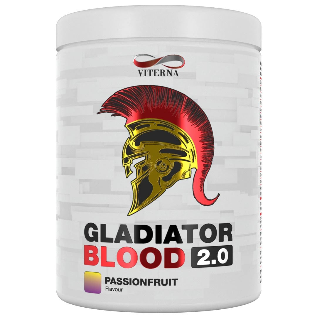 Viterna Gladiator Blood 2.0 460 g PWO-pulver i en hvit boks med gladiatorhjelm for smaken Passionfruit., bilde 5 av 5