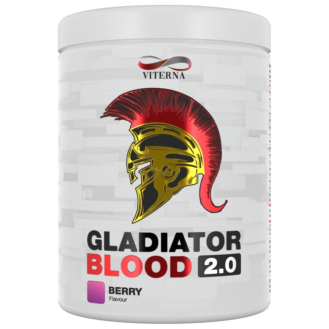 Viterna Gladiator Blood 2.0 460 g PWO-pulver i en hvit boks med gladiatorhjelm og rød tekst for smaken Berry.