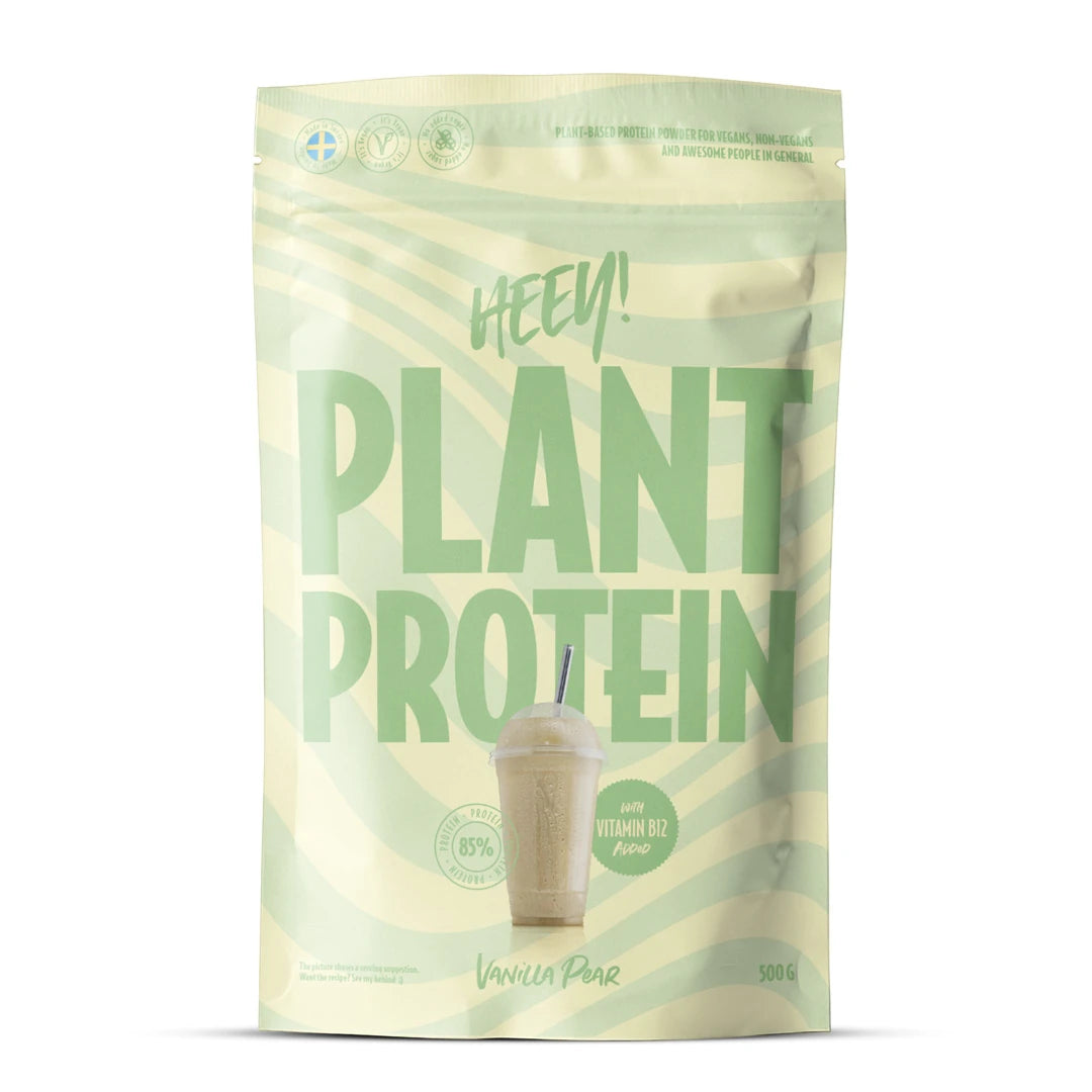 Heey! Vegansk Protein 500 g proteinpulver i en lysegrønn og kremhvit pose for smaken Pære Vanilje., bilde 8 av 9