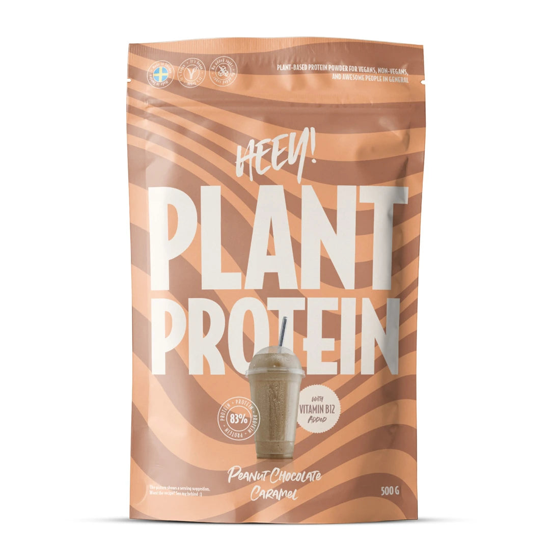 Heey! Vegansk Protein 500 g proteinpulver i en brunstripet pose for smaken Peanøtt Sjokolade Karamell., bilde 9 av 9