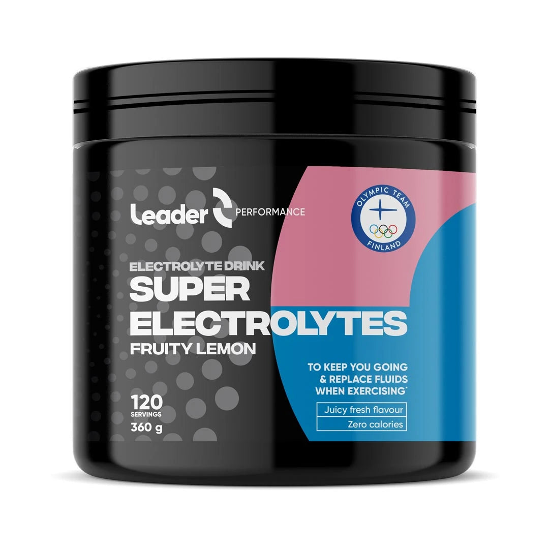 Leader Performance Electrolyte powder 360 g i en svart boks med rosa og blå etikett og smaken Fruity Lemon.
