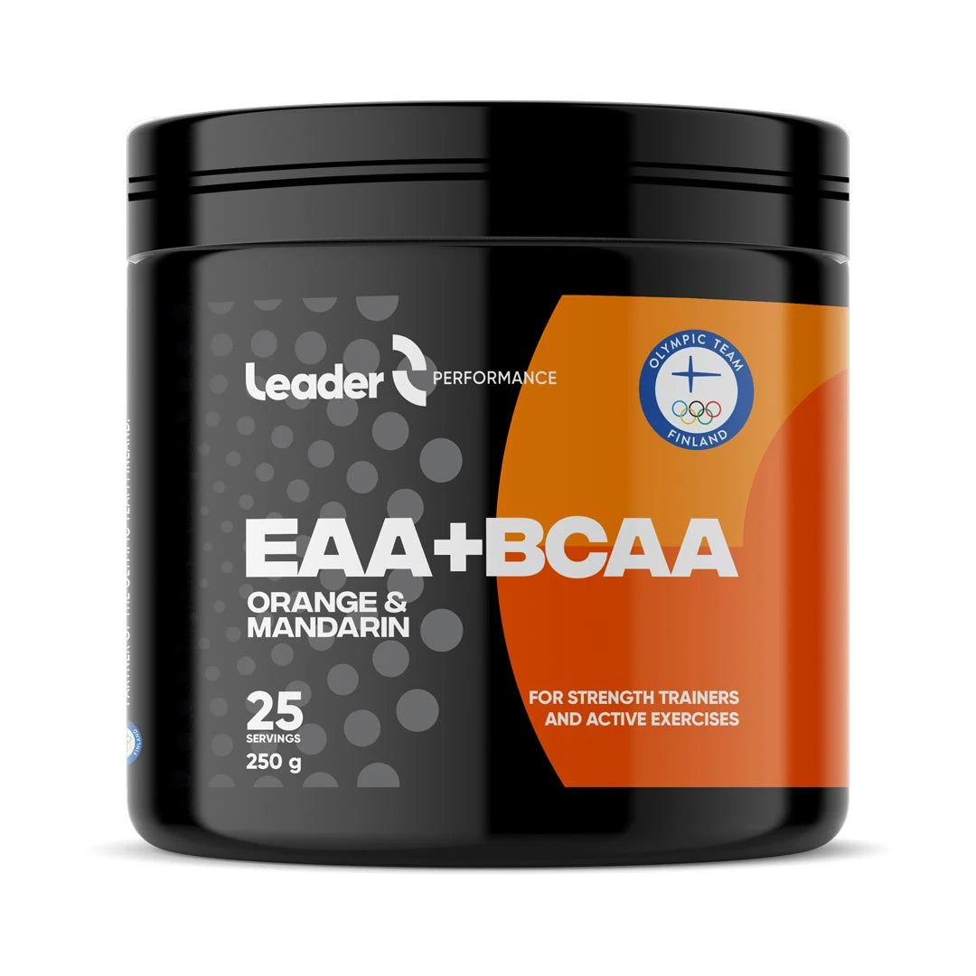 Leader Performance EAA+BCAA 250 g aminosyrepulver i en svart boks med oransje etikett for smaken Orange & Mandarin.