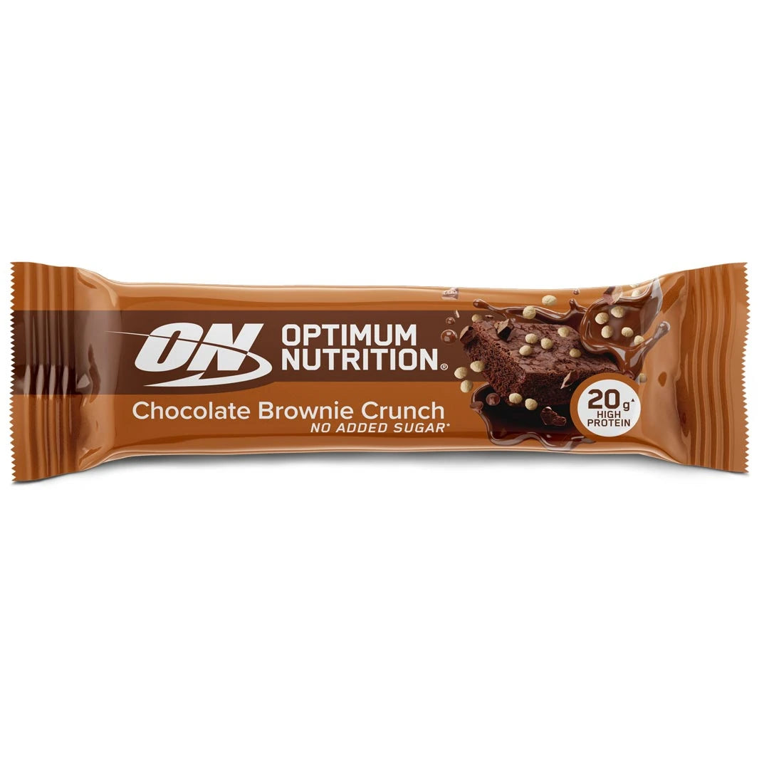 Optimum Nutrition Protein Bar 70 g i en brun innpakning med sjokoladedetaljer for smaken Chocolate Brownie Crunch., bilde 1 av 2