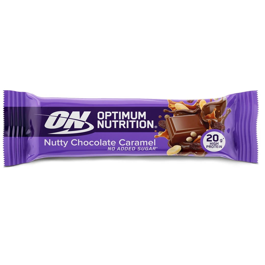 Optimum Nutrition Protein Bar 70 g i lilla emballasje med smaken Nutty Chocolate Caramel.