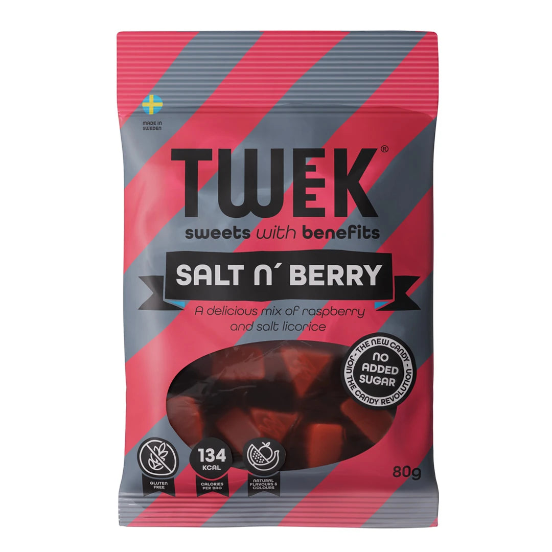 Tweek Sweets 80 g godteri i en stripete rosa og grå pose for smaken Salt n' Berry., bilde 3 av 7